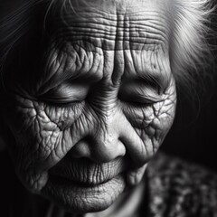 Old person looking at the ground, black and white photo