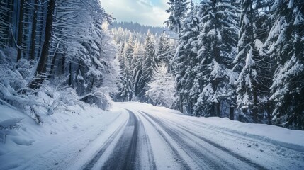 Fototapeta na wymiar Snowy winter road in a mountain forest. Beautiful winter landscape.