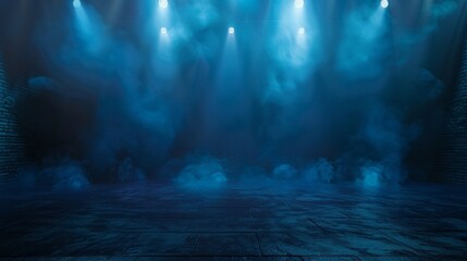 The dark stage shows, dark blue background, an empty dark scene, neon light, spotlights The asphalt floor and studio room