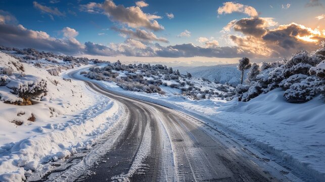 Snowy and frozen mountain road in winter landscape. Uludag National Park
