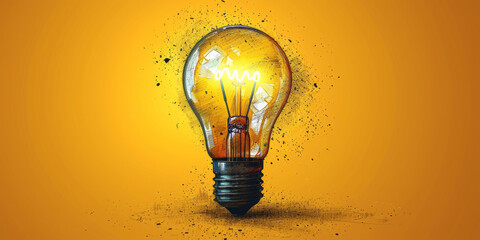 illustration of an idea bulb drawn in pencil against yellow background,generative ai - obrazy, fototapety, plakaty