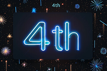 A sleek 4th of July card featuring a minimalist design with the number "4th" in bold, neon blue digits against a black background, adorned with shimmering fireworks patterns