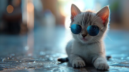 Closeup portrait of a funny kitten in sunglasses. Created with generative AI.