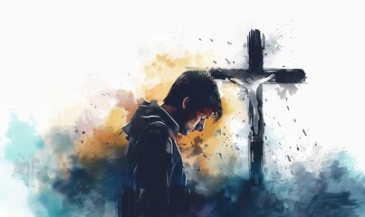 Christian man praying in front of a cross in a watercolor style. Digital watercolor painting