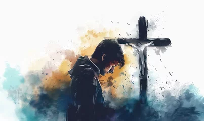 Foto op Plexiglas Christian man praying in front of a cross in a watercolor style. Digital watercolor painting © Ibad