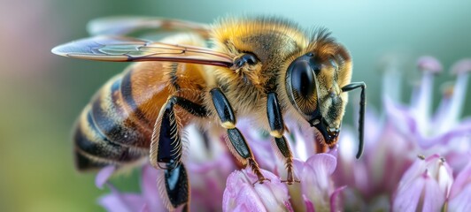 Close up of a bee on purple flower - macro nature beauty - honeybee close-up - obrazy, fototapety, plakaty