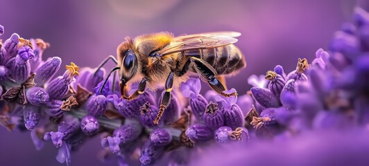 Close up of a bee on purple flower - macro nature beauty - honeybee close-up - obrazy, fototapety, plakaty