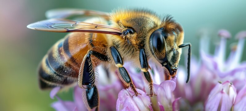 Close up of a bee on purple flower - macro nature beauty - honeybee close-up