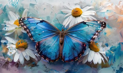 Colorful blue tropical morpho butterfly on delicate daisy flowers painted with oil paint