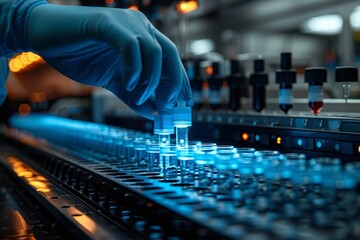 Fototapeta premium Scientist hand placing a test tube in a laboratory rack