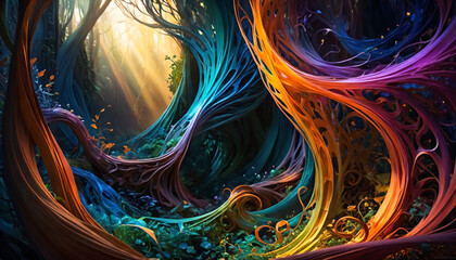 Obraz premium a fantasy art painting of a forest with a rainbow colored tree trunk and leaves on the ground and a light shining through the trees