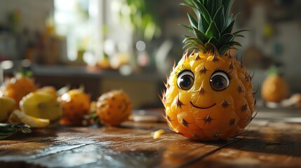 Cute happy smiling pineapple character. Created with Generative AI.