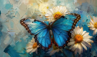 Colorful blue tropical morpho butterfly on delicate daisy flowers painted with oil paint - obrazy, fototapety, plakaty