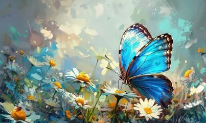 Fototapeta na wymiar Colorful blue tropical morpho butterfly on delicate daisy flowers painted with oil paint