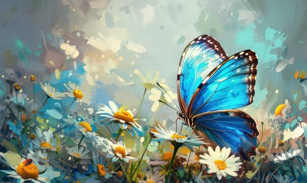 Colorful blue tropical morpho butterfly on delicate daisy flowers painted with oil paint