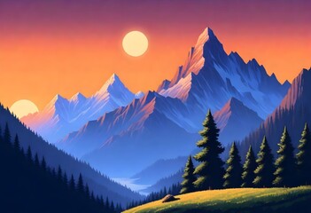 pixel art Serene mountain range at sunset majestic (1) - obrazy, fototapety, plakaty
