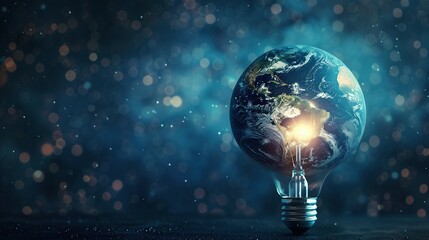 Earth hour, ecology and environment concept. Blue planet Earth in space in a glowing light bulb on represents Earth Day in a romantic way.