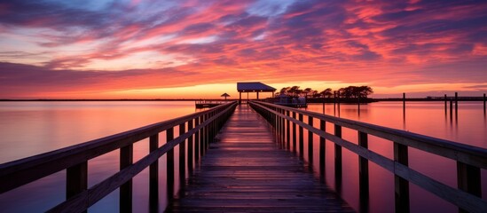 The wooden pier extends far out into the calm water as the vibrant sun slowly sets in the...