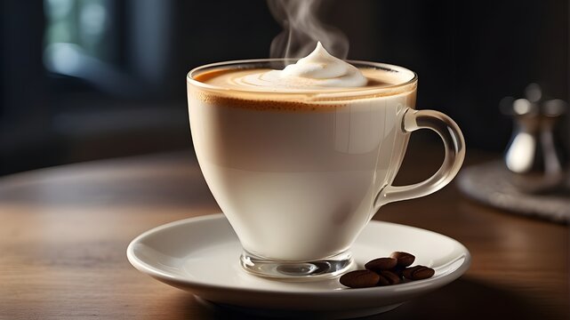 A cup of latte with a transparent background, captured in a photorealistic style. The image showcases a perfectly brewed latte in a classic ceramic cup, set against a transparent backdrop. The rich, c