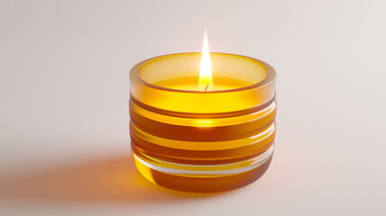 Glowing scented candle in striped glass holder.