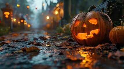 Path with Halloween pumpkins and lit candles. Created with Generative AI. - obrazy, fototapety, plakaty
