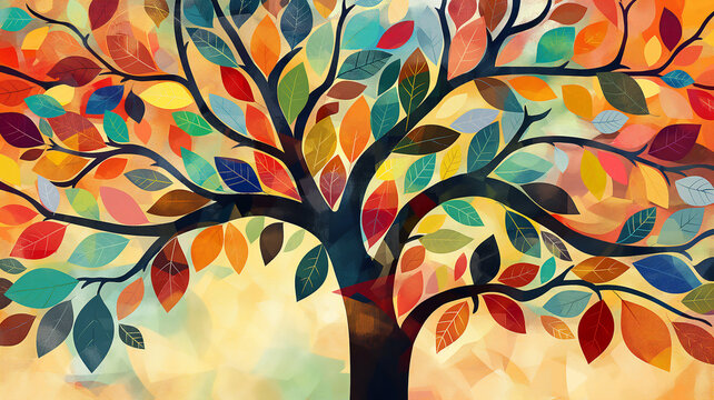 Vibrant stylized tree with multicolored leaves.
