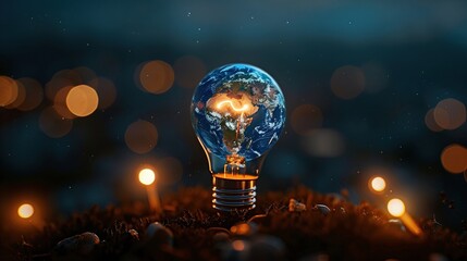 Earth hour, ecology and environment concept. Blue planet Earth in space in a glowing light bulb on represents Earth Day in a romantic way. - obrazy, fototapety, plakaty