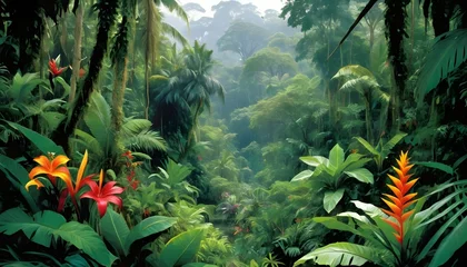 Fotobehang Lush Tropical Jungle With Exotic Plants And Vibra  2 © Asfiya