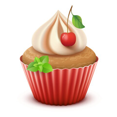 Vector illustration of cupcake decorated with cream and cherry, isolated on white background. Created using gradient meshes, EPS 10
