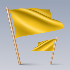 Vector illustration of two 3D-looking gold color flag icons with wooden sticks, isolated on grey background. Created using gradient meshes, EPS 10 vector