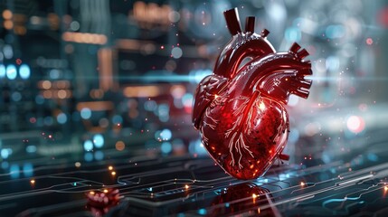 Anatomy of human heart on ecg medical background. 3d render. Heart in technological theme concept.