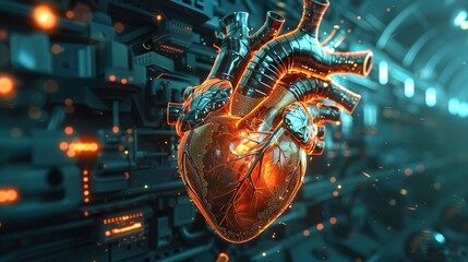 Anatomy of human heart on ecg medical background. 3d render. Heart in technological theme concept. - obrazy, fototapety, plakaty