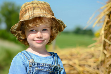 Child dressed as a farmer against the backdrop of a farm or fields