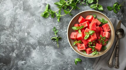 Fresh cut watermelon pieces in a bowl with basil leaves on a gray background