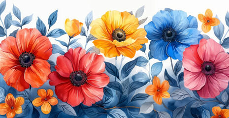 Colorful wallpaper Pattern of flowers colr pencill art on a white background,generative ai