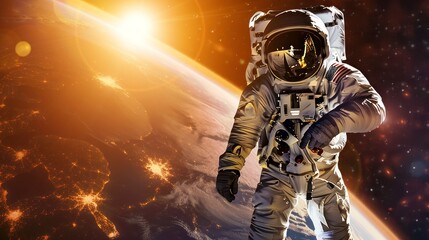 astronaut floating in space with the sun and earth in the background - obrazy, fototapety, plakaty