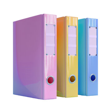 Three colorful binders in a row