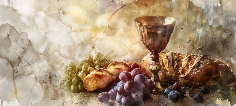 Eucharistic symbols. Lord's supper symbols chalice of wine, bread on a table. Digital watercolor painting