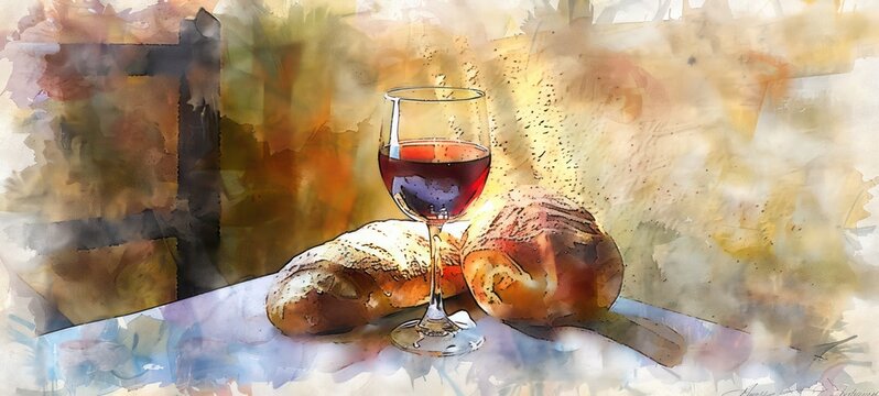 Eucharistic symbols. Lord's supper symbols chalice of wine, bread on a table. Digital watercolor painting
