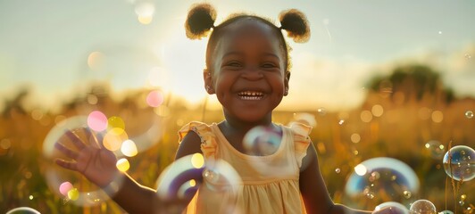 Cute African little girl having fun playing with soap bubbles at the park, holiday relaxation concept