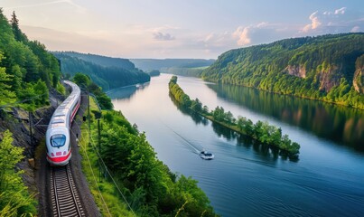 High-speed train driving through a beautiful landscape with a river and a forest - preserving nature with sustainable transportation - obrazy, fototapety, plakaty