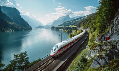 High-speed train driving through a beautiful landscape with a river and a forest - preserving nature with sustainable transportation - Powered by Adobe