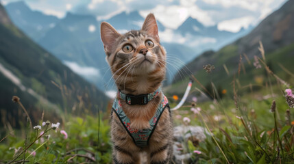 adventurous tabby cat wearing floral harness in alpine meadow