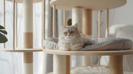 siberian cat relaxing on modern wooden cat tree in a cozy home