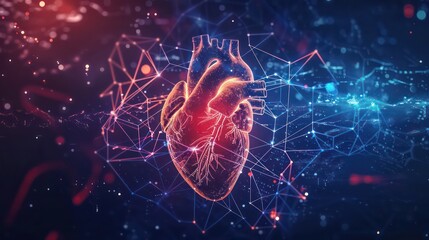 Illustration of a human heart in the center of a data network - medical data management - connected health data - obrazy, fototapety, plakaty