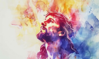 Watercolor Illustration Jesus Christ Praying illustration. Jesus Christ in worship. Abstract watercolor background - obrazy, fototapety, plakaty