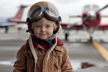 Fototapeta na wymiar Child dressed as a pilot on a bright background.