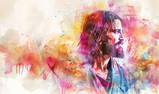 Watercolor Illustration Jesus Christ Praying illustration. Jesus Christ in worship. Abstract watercolor background
