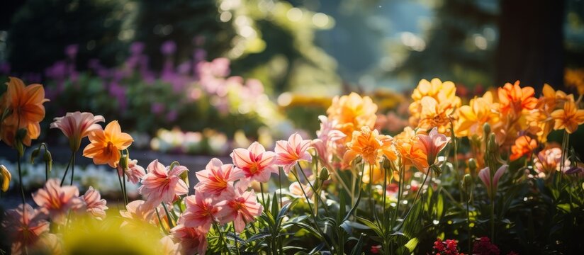 Vibrant and brightly colored flowers blooming in a beautiful garden, with the sun's rays shining through the green leaves