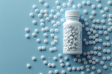 bottle and scattered pills on a light blue background,generative ai